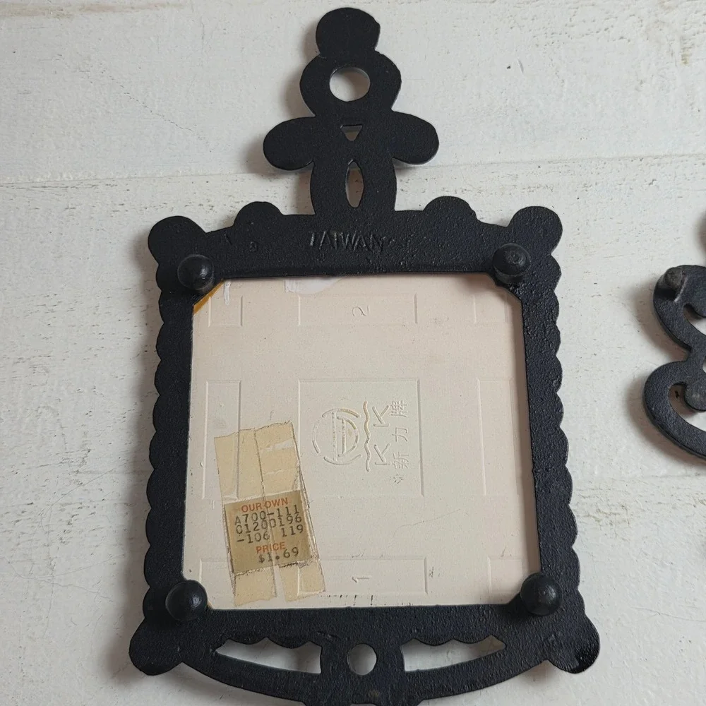 Vintage Cast Iron Trivets 'He Who Helps Shall Eat' Ceramic Tile‎ & Scroll Pair